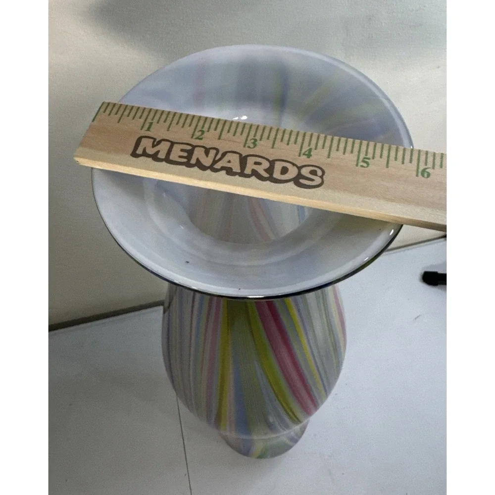 Hand Blown Rainbow Striped Art Glass Vase Tall Hourglass Multicolor 18.5 Inch